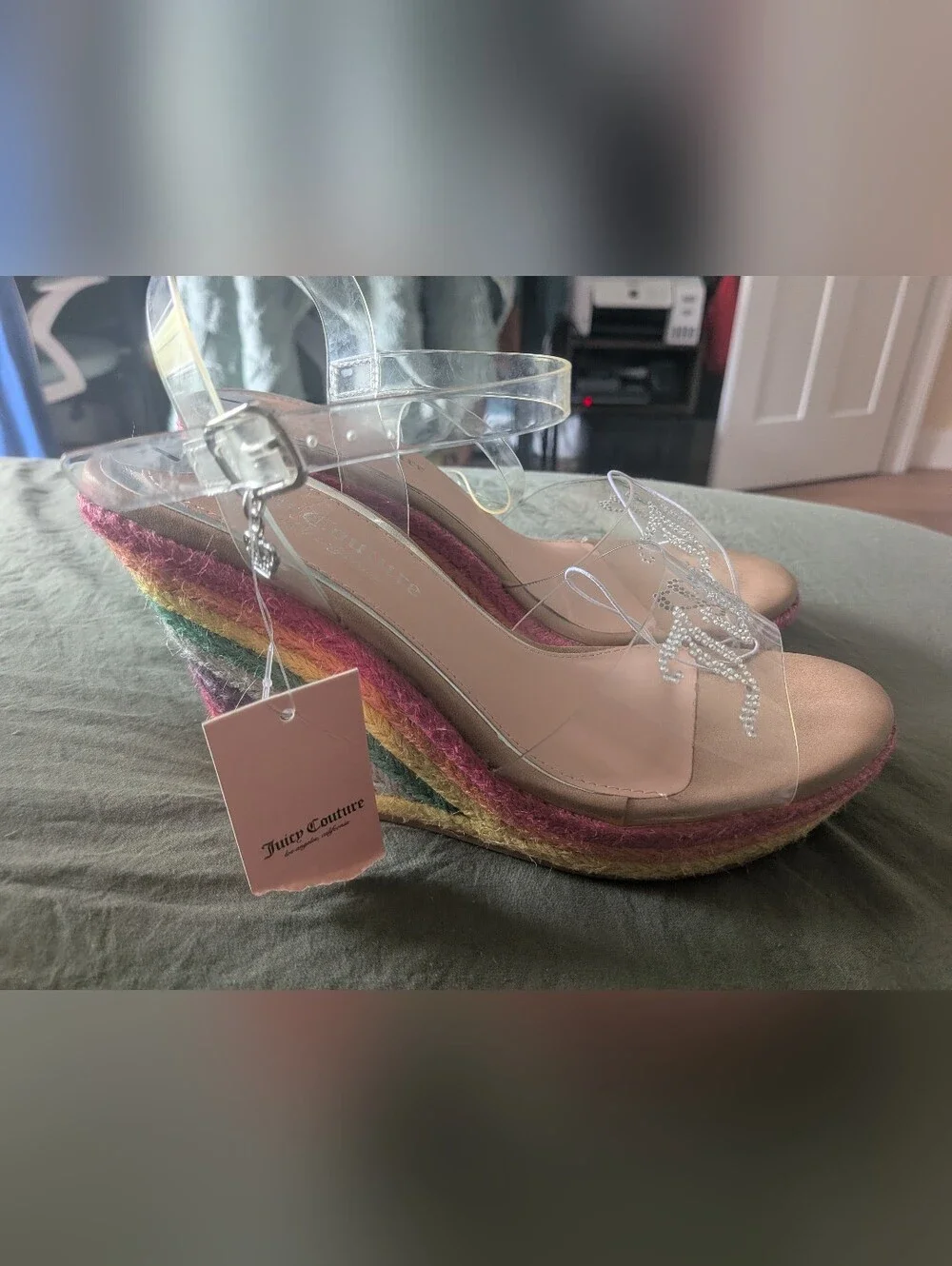 Juicy Couture RAINBOW Jute Wedge Sandals Clear Acrylic Rhinestones Size 7